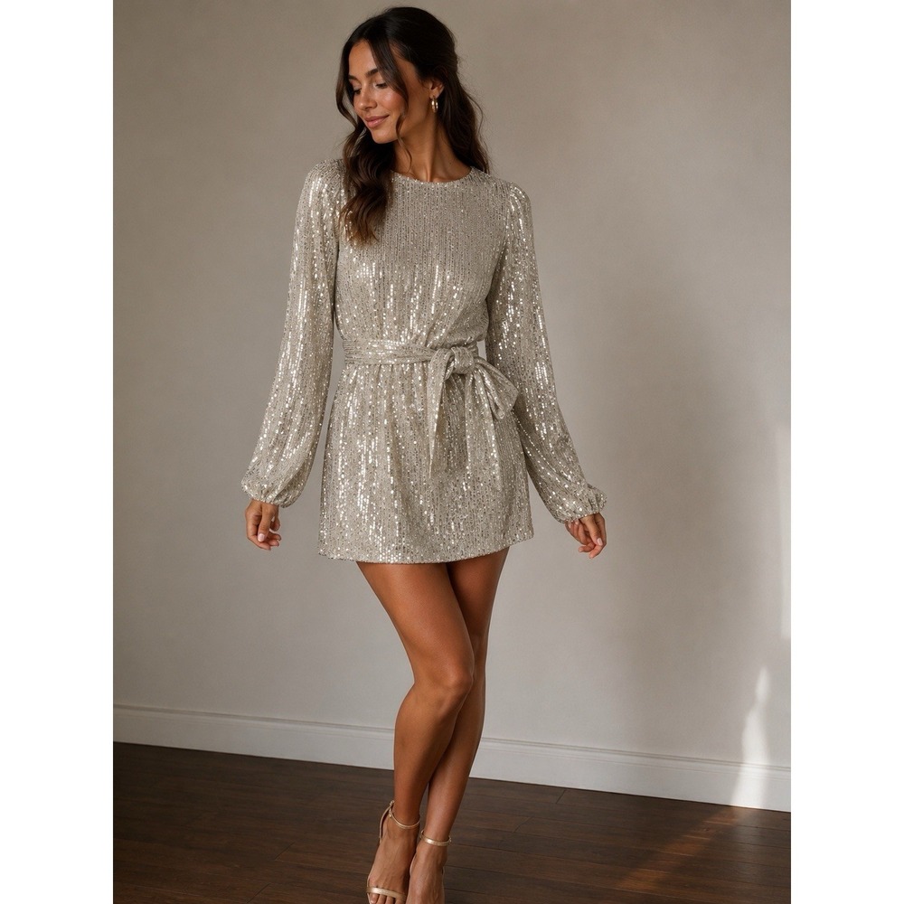 Crystal Sky Silver Sequin Belted Long Sleeve Mini Dress Women‎ M